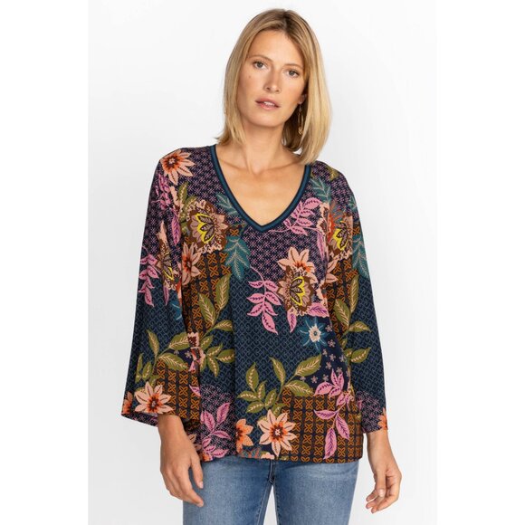 Johnny Was Delfino V Neck Kimono Sleeve Tee Flowers Blue Top Floral Shirt New - Picture 1 of 12